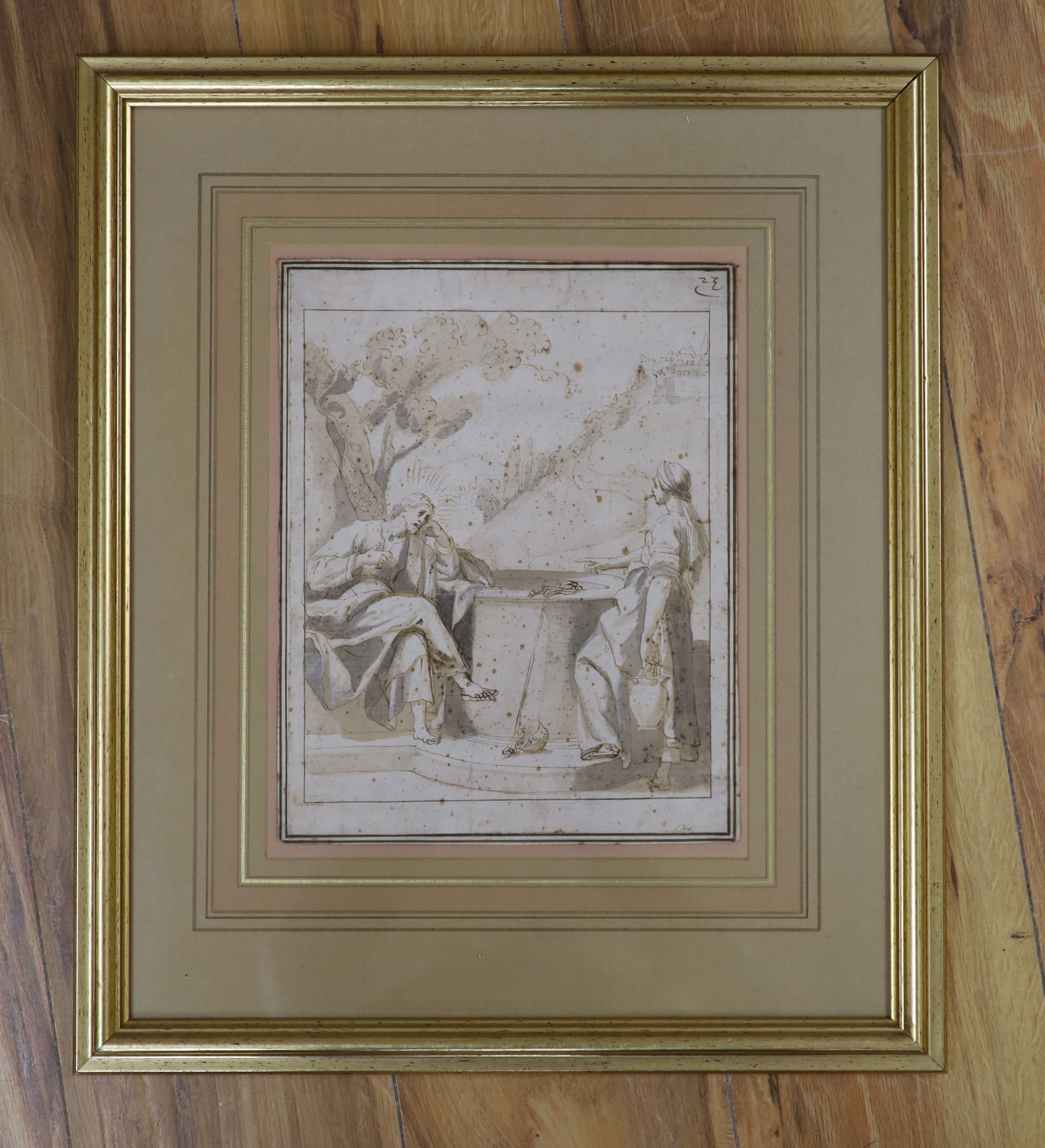 Old master, pen ink and wash Christ at the well, 27.5 x 22 cm